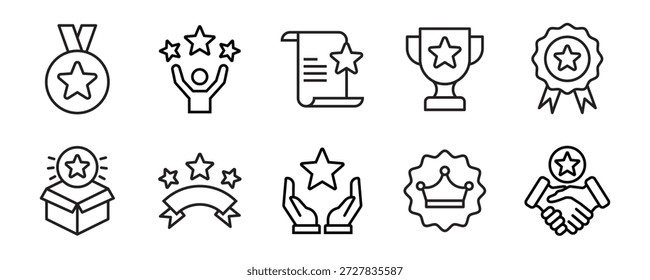 Starsymbol-Set. Enthält Bewertung, Gewinner, Medaille, Auszeichnung, Leistung, Funkeln, Glanz, Tasse, Abzeichen und mehr. Bearbeitbare Liniensymbole. Vektorgrafik.	