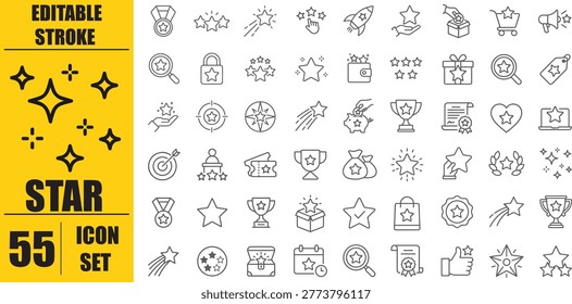 Star icon set. Containing rating, winner, medal, award, benefit, sparkle, shine, cup, badge and more. Editable line icons. Vector illustration. 