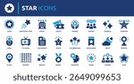 Star icon set. Containing sparkle, favorite, shine, award, starfish, hotel, event, review, shooting star, bright, celebration and more. Solid vector icons collection.