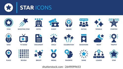 Star icon set. Containing sparkle, favorite, shine, award, starfish, hotel, event, review, shooting star, bright, celebration and more. Solid vector icons collection.
