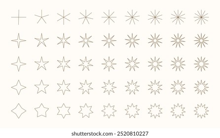 Conjunto de iconos de estrellas: diferentes estilos de estrellas, diseño de contorno simple, constelaciones, galaxias, clasificación, ícono de celebridades, Ilustración vectorial