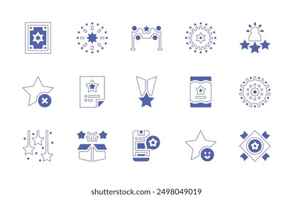 Conjunto de iconos de estrella. Estilo duotono trazo de línea y negrita. Ilustración vectorial. Contiene estrella, insignia, mantel, revisión, Cliente, caja mágica, luces de Navidad, invitación.