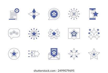 Conjunto de iconos de estrella. Estilo duotono trazo de línea y negrita. Ilustración vectorial. Contiene estrella del norte, estrella, shootingstar, revisión, evaluación, correo, calificación, elección del cliente.