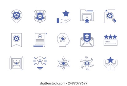 Conjunto de iconos de estrella. Estilo duotono trazo de línea y negrita. Ilustración vectorial. Contiene humano, starofdavid, estrella, fama, locationmark, policebadge, idea, certificado, carta.