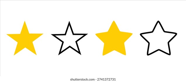 Star icon set. Five point star shapes in filled and outline style for rating and favorite design. Simple decorative star symbols for UI, badge and review elements.