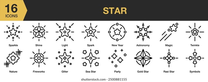 Conjunto de iconos de estrella. Incluye astronomía, fuegos artificiales, brillo, estrella de oro, luz, magia y más. Colección de Vector de iconos de contorno.