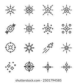 Starsymbol-Set. Umfasst Astronomie, Feuerwerk, Glitter, Goldstern, Licht, Magie und mehr. Gliederungssymbole, Vektorsammlung.