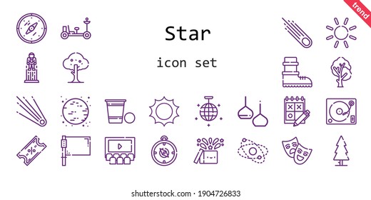star icon set. line icon style. star related icons such as magic, flag, ticket, turntable, planet, tree, mirror ball, sun, trial, asteroid, theatre, moon rover, astronaut, moon, light, compass