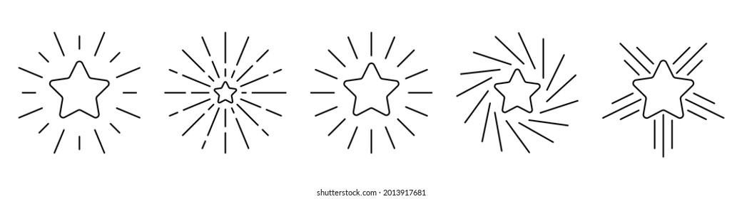 Icono de estrella. Conjunto de estrellas lineales con rayos. Ilustración vectorial. Iconos vectoriales negros.