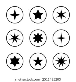Star icon set on circle line. Sparkle stars sign symbol