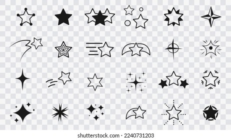 Icono de estrella en fondo transparente. С colección de estrellas vectoriales originales, iconos. Fuegos artificiales brillantes, decoraciones brillantes, relámpago brillante. Colección de estrellas y ráfagas de efecto luminoso brillante. Vector