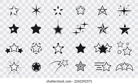 Star icon set on transparent background. Сollection of original vector stars, icons. Bright firework, decoration twinkle, shiny flash. Glowing light effect stars and bursts collection. Vector