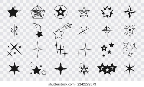 Star icon set on transparent background. Сollection of original vector stars, icons. Bright firework, decoration twinkle, shiny flash. Glowing light effect stars and bursts collection. Vector