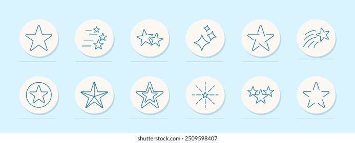 Star icon set. Outline, shooting, three, sparkle, badge, emblem, circle, rating, favorite, decoration, celestial, shape, graphic, symbol, design, highlight, ranking