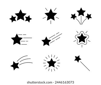 Conjunto de iconos de estrella. Brillo, estrellas que caen y disparan, fuegos artificiales, centelleo, resplandor, Ilustración vectorial de ráfaga de brillo. Elemento de diseño plano de contorno.