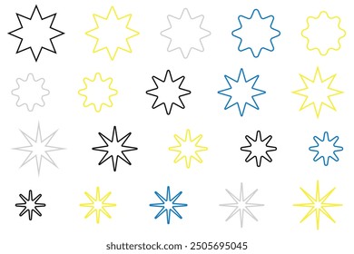 Conjunto de iconos de estrella. Conjunto de iconos de línea plana de estrellas. Noche estrellada, estrella caída, resplandor, Ilustraciones vectoriales de ráfaga de brillo. Signos de contorno para la propiedad de material brillante. Píxel perfecto. Trazos editables. Vector de estrellas