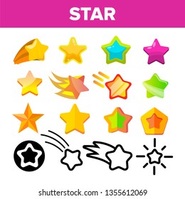 Star Icon Set Vector. Gold Bright Star Icons. Sky Cosmos Object. Rating Sign. Winner Shape. Line, Flat Illustration