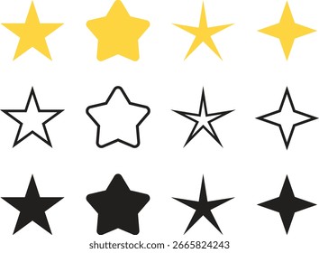 Colección de Formas de estrellas en varios estilos, Ilustraciones vectoriales celestiales minimalistas en blanco y negro para decoración, Elementos de diseño y proyectos creativos.