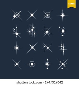 Star icon. Set of white spark effect. Collection of star shine symbols. Light elements flat design on dark background. Starburst sparkles. Magic cartoon for decorative festive. Vector illustration.