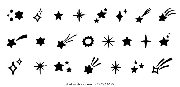 Star Icon Shape Pen Comic Vector Set. Chalk Scribble Sparkle Graffiti Sturburst Cartoon Splash Firework Shapes Collection. Hand Drawn Marker Burst Twinkle Squiggles. Pencil Sparks Charcoal Doodles