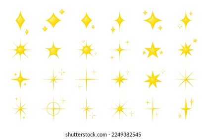 Star icon space sparkle gold yellow twinkle shimmer flat set. Background element abstract sky night bright glitter Christmas decor constellation composition sticker smile magic light vector isolated