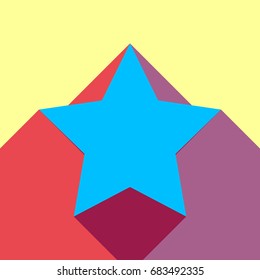 Star Icon. Vector. Deep sky blue icon with two flat violet and raspberry semitransparent shadows on canary background.