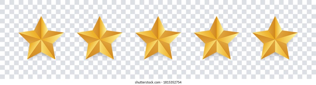 Icono de estrella. Vector dorado aisló cinco estrellas. Concepto de comentarios de clientes. Revisión de la clasificación de 5 estrellas del vector. Diseño de formas de calidad. EPS 10