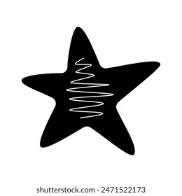 Star icon. Vector illustration of New Year and holiday decoration. Drawing of asterisk. Hand drawn of festive star sign. Black and white silhouette.