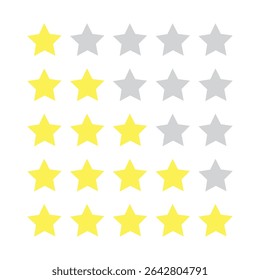 Star icon vector illustration for product review. Rating stars icon 1 to 5 star. Customer feedback review.