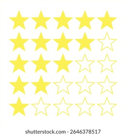 Ilustración vectorial del icono de la estrella para la revisión del producto. Icono de estrellas de 1 a 5 estrellas. Revisión del Comentarios Cliente.