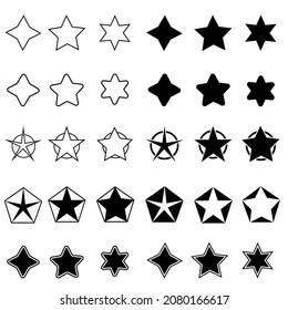 Conjunto de vectores de icono de estrella. Muestra la colección de signos de la ilustración. símbolo de ráfaga brillante. logo de los copos de nieve.