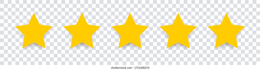 Star icon. Vector yellow isolated five stars. Customer feedback concept. Vector 5 stars rating review. Quality shape design. EPS 10