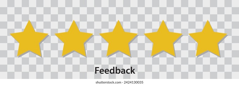 Star icon. Vector yellow isolated five stars. Customer feedback concept. Vector 5 stars rating review. Customer product rating review flat icon