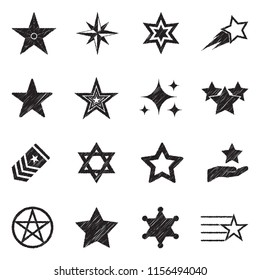 Star Icons. Black Scribble Design. Vector Illustration.