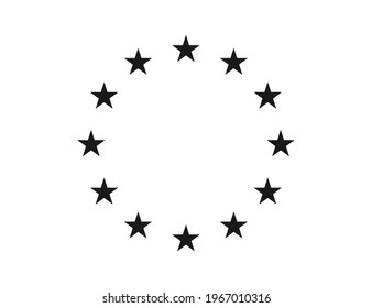 Star Icons In Circle. Black European Logos On White Background. EU Flag. 12 Yellow Stars For Europe Union. Badges Of Euro Military, Community, Economic And Council. Eurozone Market. Vector.