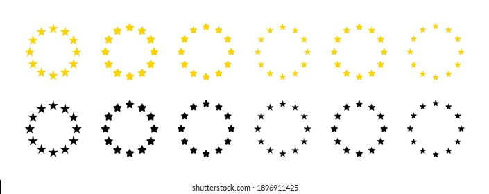 Star icons in circle. Gold and black european logos on white background. EU flag. 12 yellow stars for europe union. Badges of euro military, community, economic and council. Eurozone market. Vector.