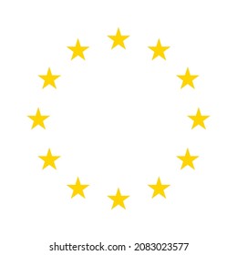 Star icons in circle. Yellow european logos on white background. EU flag. 12 yellow stars for europe union. Badges of euro military, community, economic and council. Eurozone market. Vector.