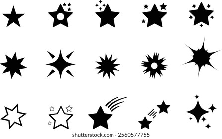 Star Icons Collection, Solid black vector star icons, featuring variations, shooting stars, clusters, and sparkles. Minimalist, scalable, perfect for digital, print, and logos.