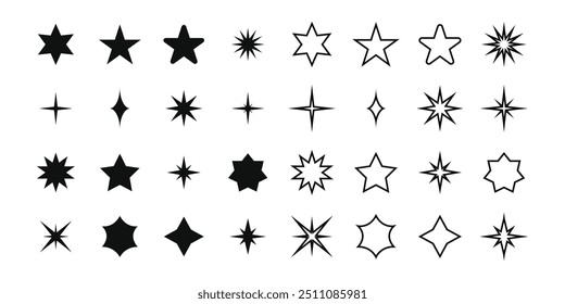 Iconos de estrellas colecciones línea y estilo de glifo. Ilustración con una colección diversa de estrellas. Ilustración vectorial