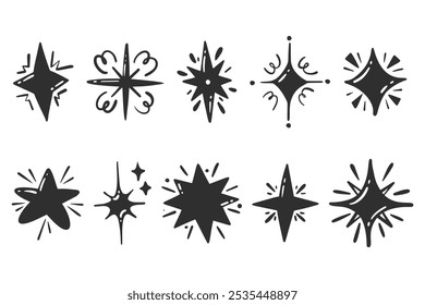 Iconos de estrellas con brillo y destellos. Vector brillante mágico dibujado a mano Elementos. Conjunto de diseño de decoración retro. Pictogramas de dibujos animados