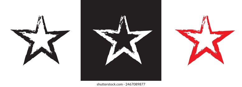 Star icons with grunge texture set. Vintage retro style. Design elements. Black silhouette, isolated on white and black background. Grungy artistic template. Distressed symbol. Paint brush. vector