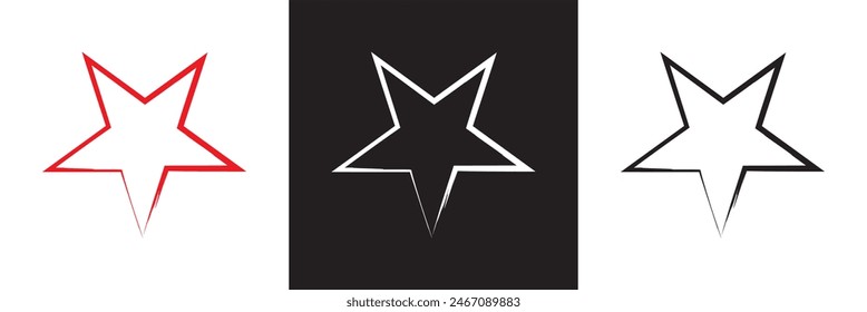 Star icons with grunge texture set. Vintage retro style. Design elements. Black silhouette, isolated on white and black background. Grungy artistic template. Distressed symbol. Paint brush. vector
