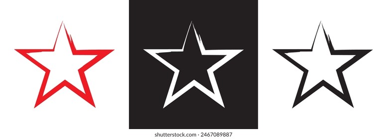 Star icons with grunge texture set. Vintage retro style. Design elements. Black silhouette, isolated on white and black background. Grungy artistic template. Distressed symbol. Paint brush. vector