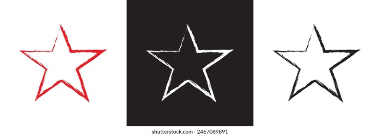Star icons with grunge texture set. Vintage retro style. Design elements. Black silhouette, isolated on white and black background. Grungy artistic template. Distressed symbol. Paint brush. vector