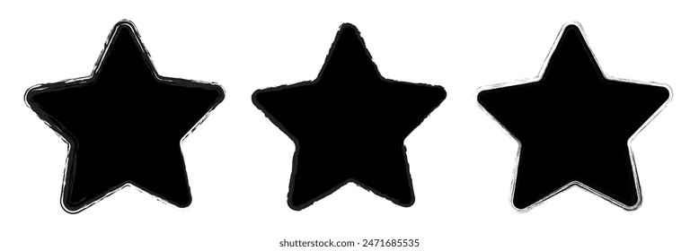 Star icons with grunge texture set. Vintage retro style. Design elements. Black silhouette, isolated on white background. Grungy artistic template. Distressed symbol. Paint brush. illustration