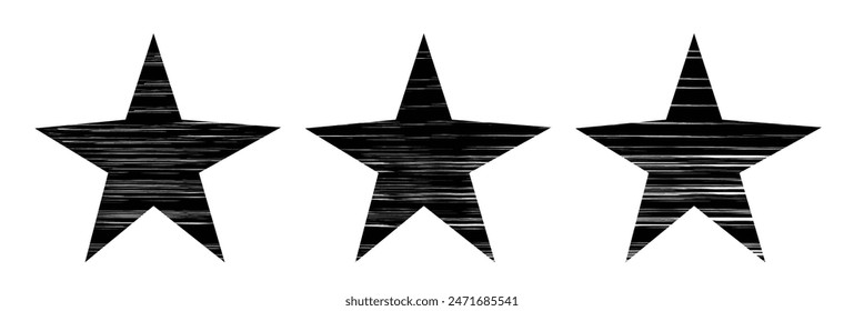 Star icons with grunge texture set. Vintage retro style. Design elements. Black silhouette, isolated on white background. Grungy artistic template. Distressed symbol. Paint brush. illustration