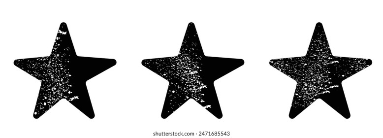 Iconos de estrellas con conjunto de textura grunge. Antiguas estilo retro. Elementos de diseño. Silueta negra, aislada sobre fondo blanco. Grungy Plantilla artística. Símbolo de angustia. Pincel de pintura. ilustración