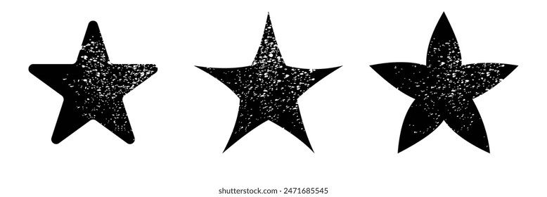 Star icons with grunge texture set. Vintage retro style. Design elements. Black silhouette, isolated on white background. Grungy artistic template. Distressed symbol. Paint brush. illustration