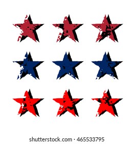 Star icons with grunge texture set. Vintage retro style. Design elements. Color silhouette, isolated on white background. Grungy artistic template. Distressed symbol. Paint brush. Vector illustration