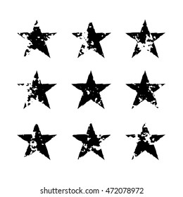 Star icons with grunge texture set. Vintage retro style. Design elements. Black silhouette, isolated on white background. Grungy template. Distressed symbol. Paint brush. Vector illustration